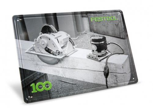 Festool - 100-vuotisjuhlavuoden metallikyltti, joka esittää vanhoja työkaluja MES-FT1 100Y