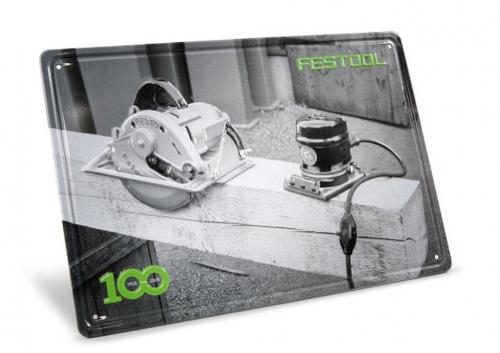 Festool - 100-vuotisjuhlavuoden metallikyltti, joka esittää vanhoja työkaluja MES-FT1 100Y
